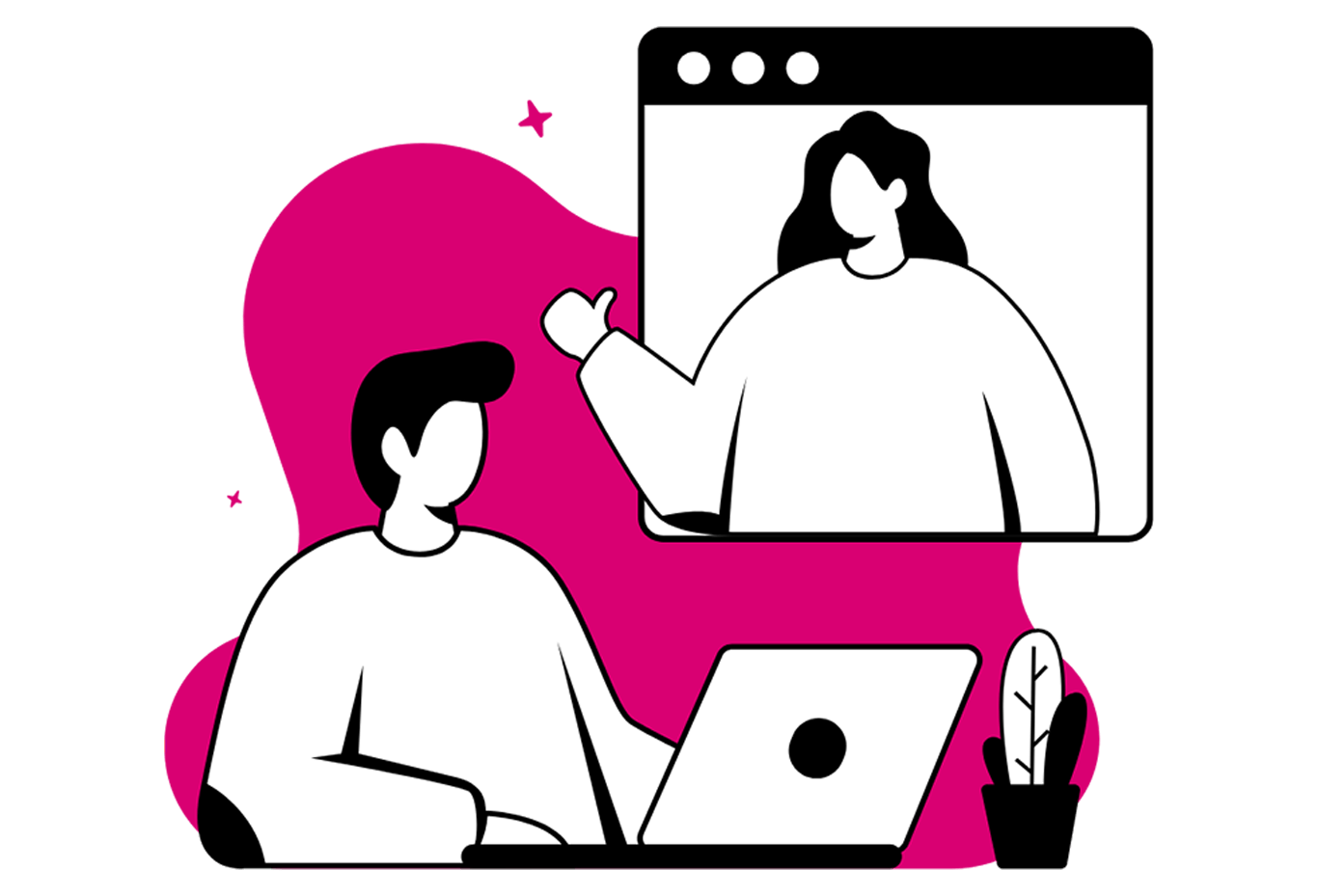 vignetta raffigura uomo al computer in chat con donna
