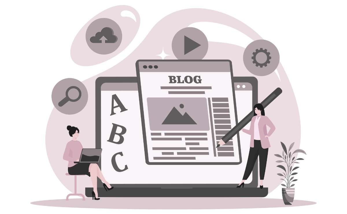 Illustrazione grafica di una schermata blog su laptop con elementi di scrittura e SEO