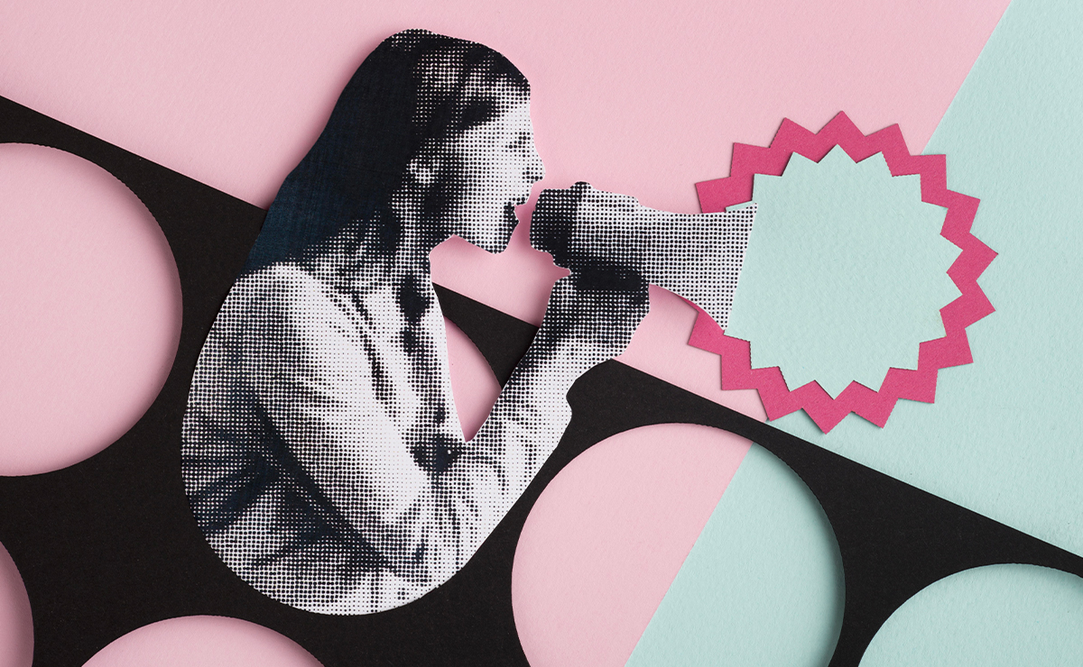 Donna che parla in un megafono stilizzato