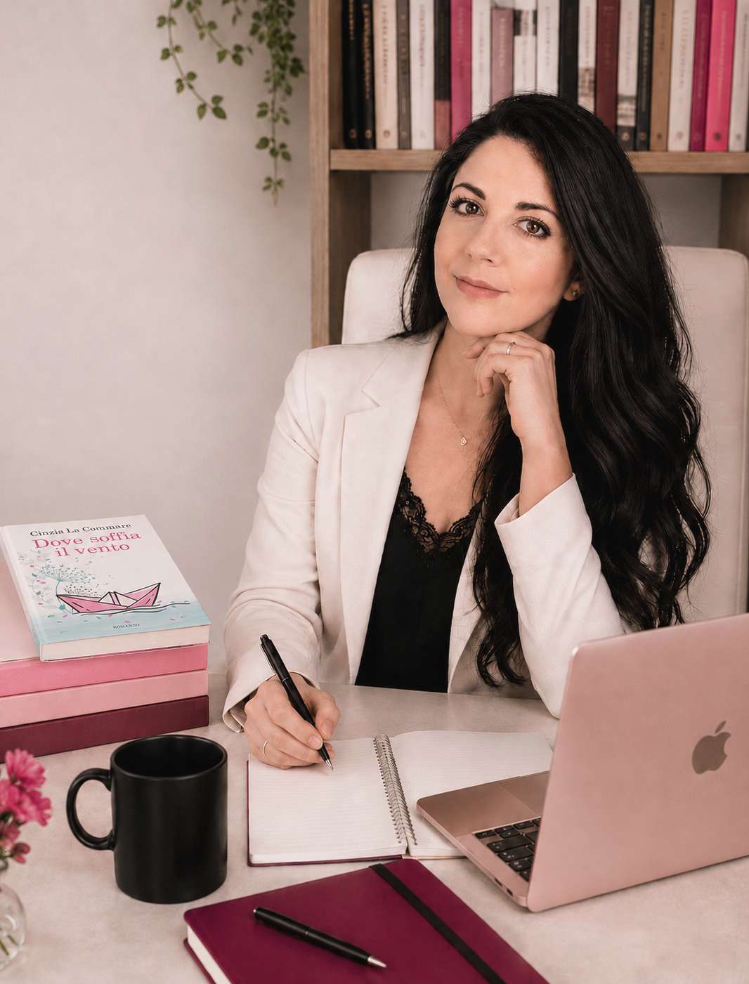 Cinzia La Commare seduta in ufficio con pila di libri